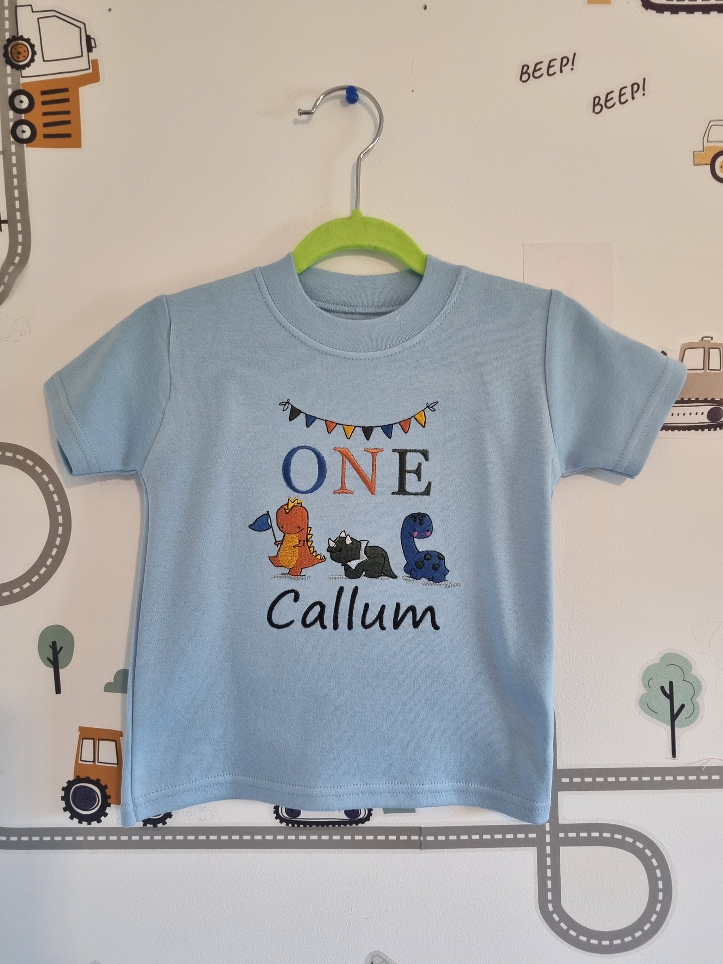 Children Personalised tshirt with trio of dinosaurs Embroidery