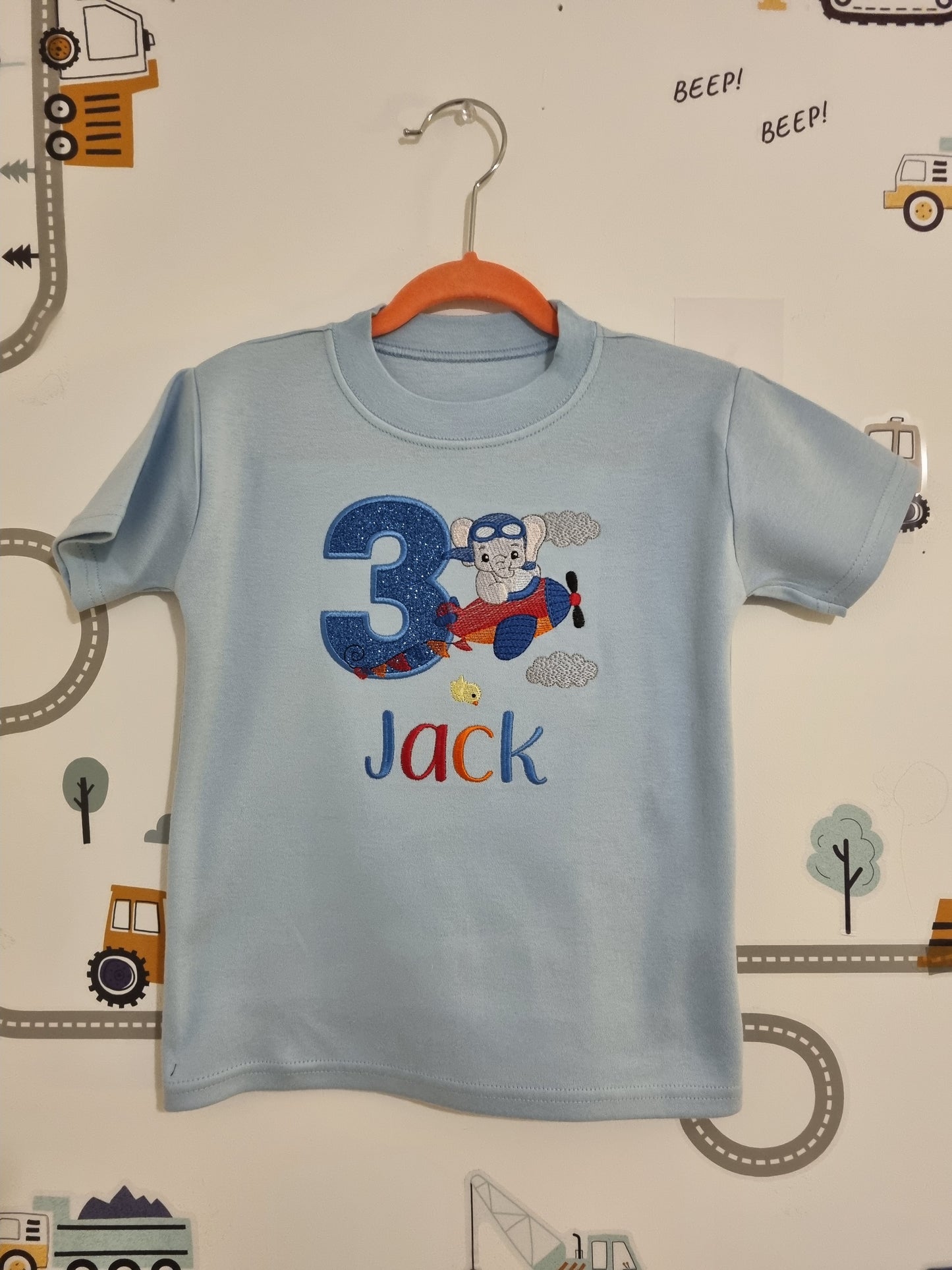 Personalised Birthday Tshirt Elephant and Plane - Embroidery