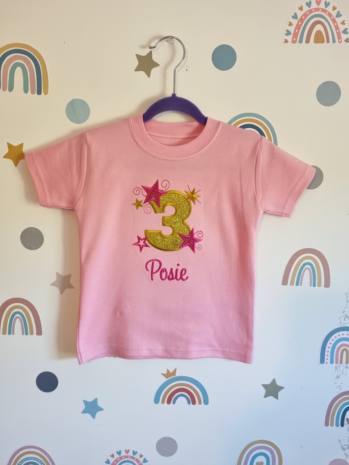 Children Personalised Birthday Tshirt with Stars - Embroidery
