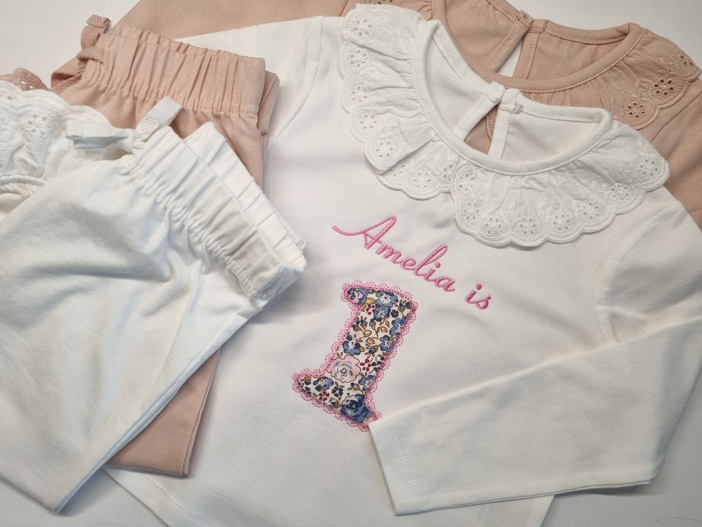 Personnalised Long Sleeved Frill Blush Pyjama Set - White or Blush - embroidery