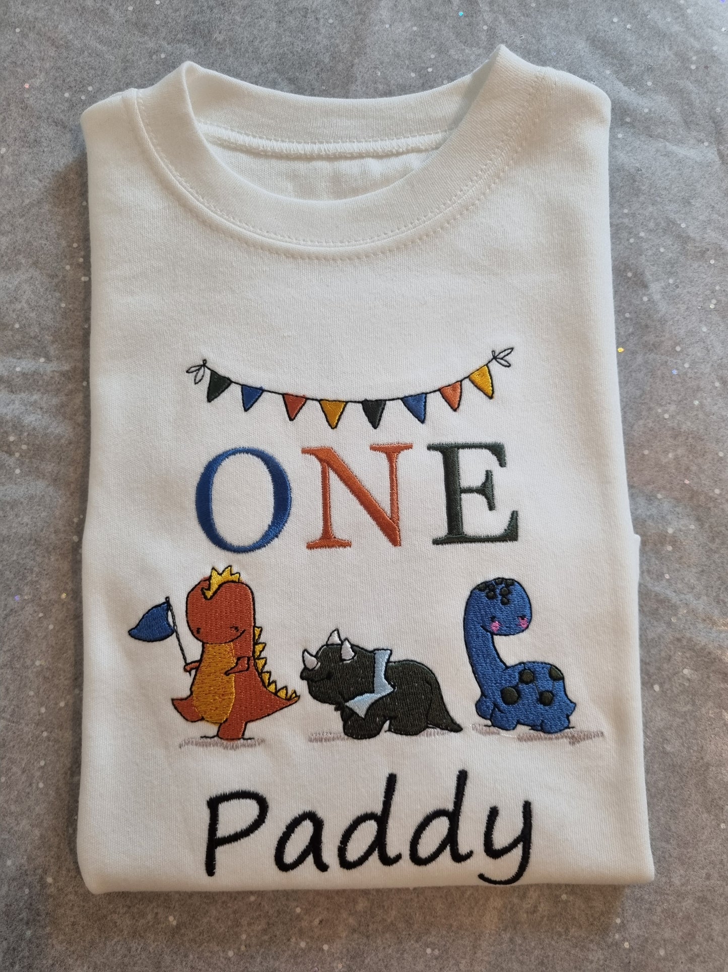 Children Personalised tshirt with trio of dinosaurs Embroidery