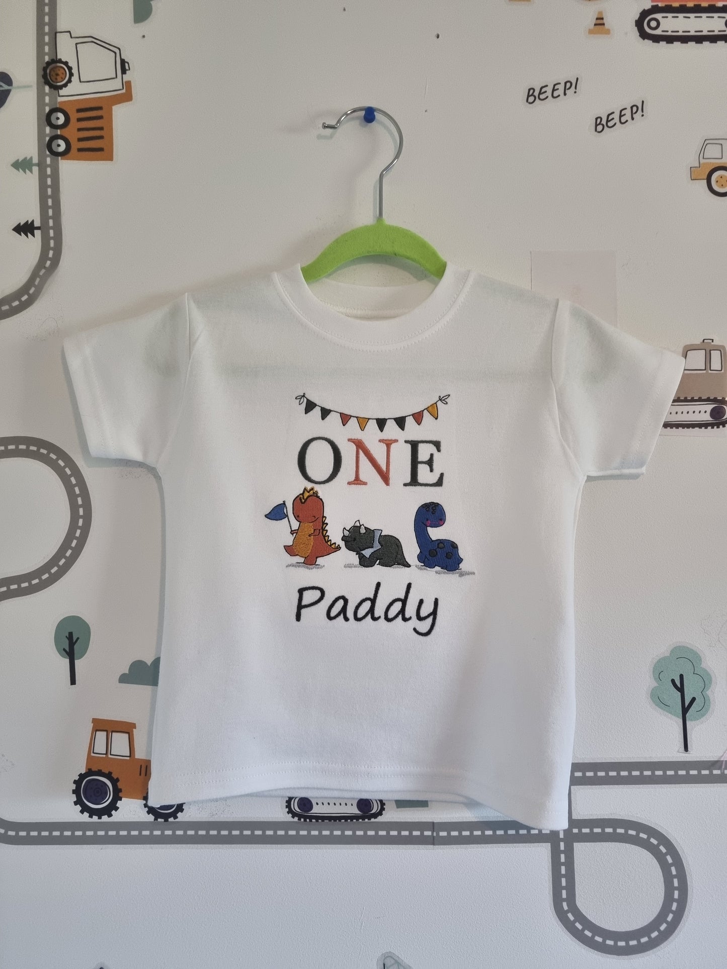 Children Personalised tshirt with trio of dinosaurs Embroidery