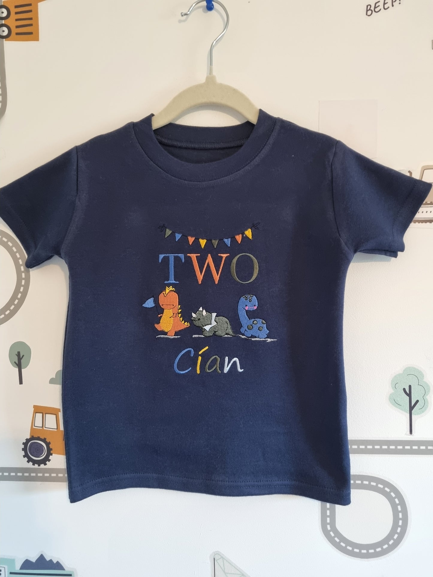 Children Personalised tshirt with trio of dinosaurs Embroidery