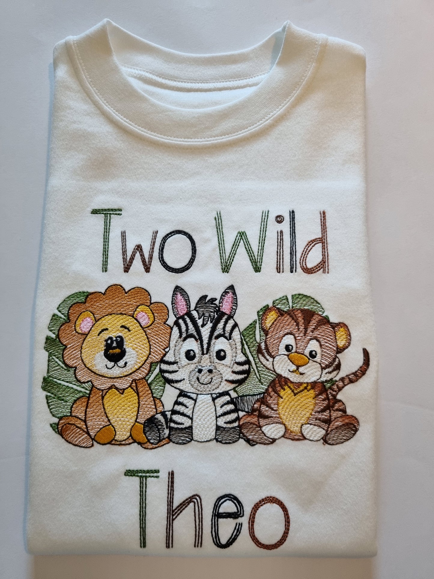 TWO WILD Children Personalised 2nd Birthday Tshirt with Safari Animals - Embroidery
