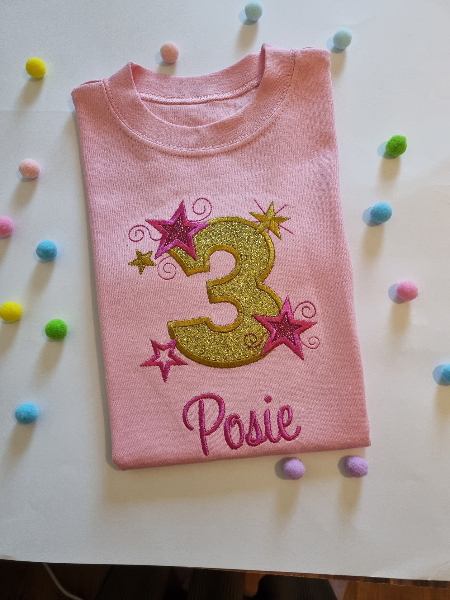 Children Personalised Birthday Tshirt with Stars - Embroidery