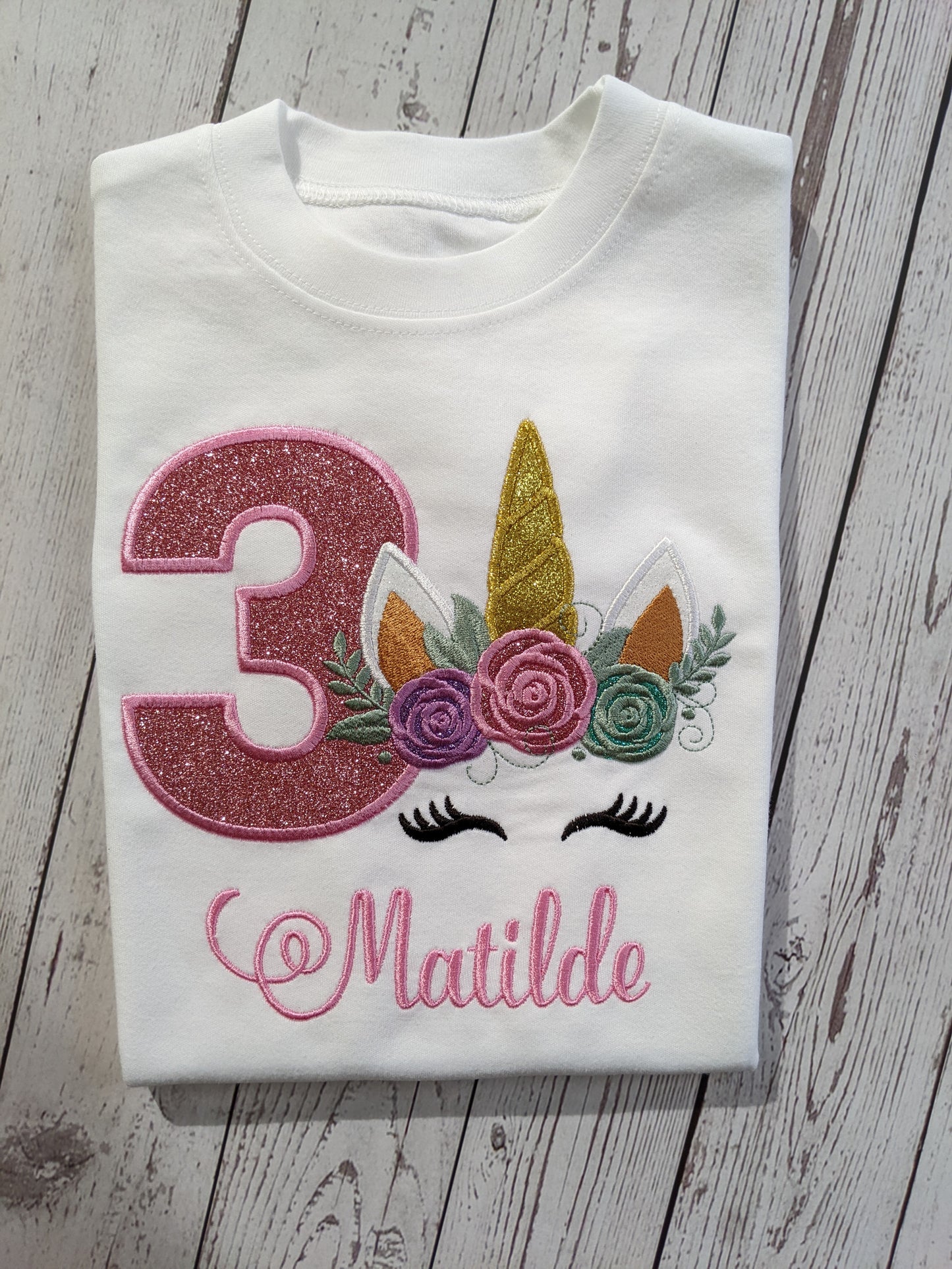 Children Personalised Birthday Tshirt with Unicorn - Embroidery