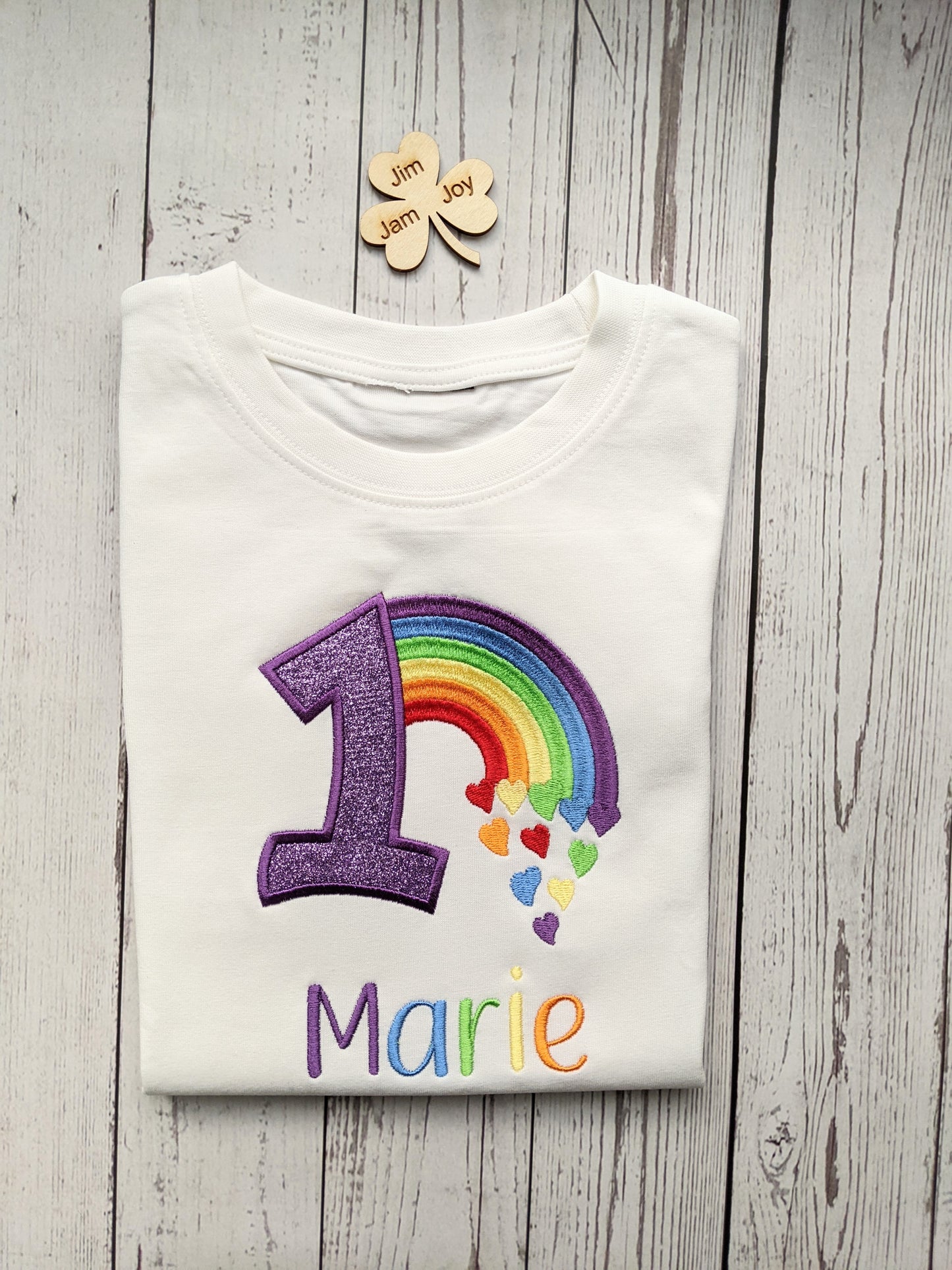 Children Personalised Birthday Tshirt with Rainbow and Hearts - Embroidery