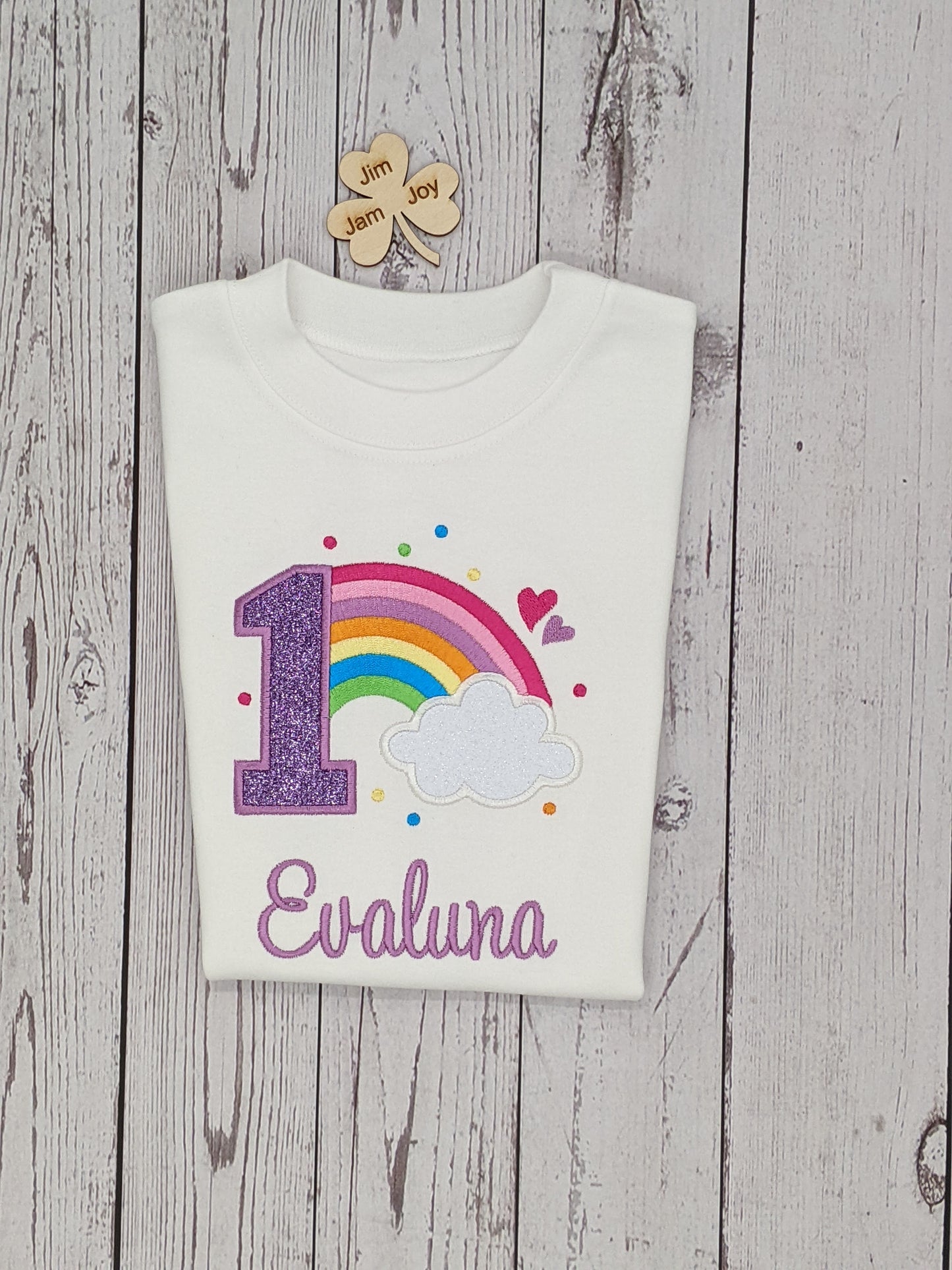 Children personalised birthday tshirt with rainbow and cloud