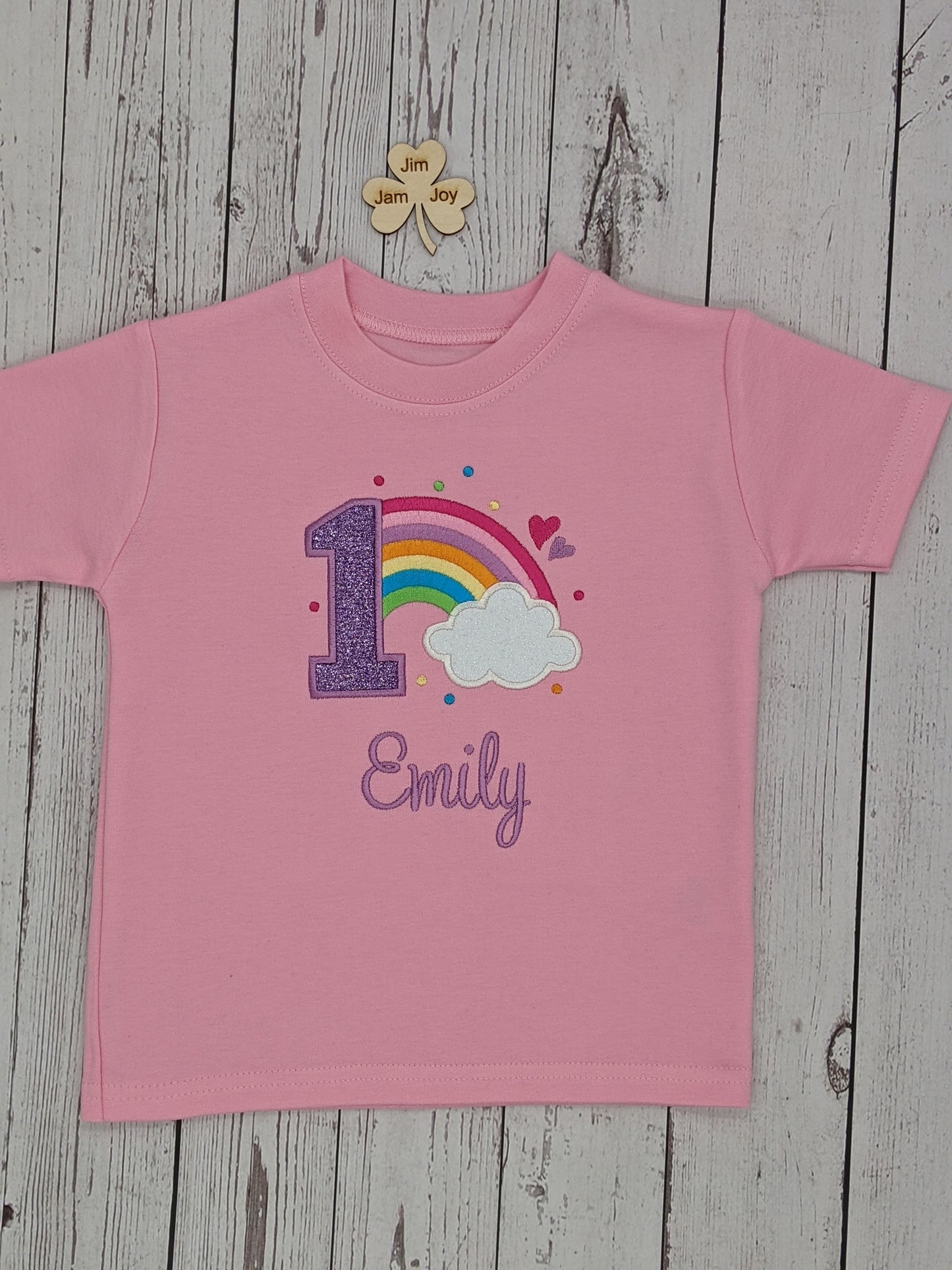 Children personalised birthday tshirt with rainbow and cloud