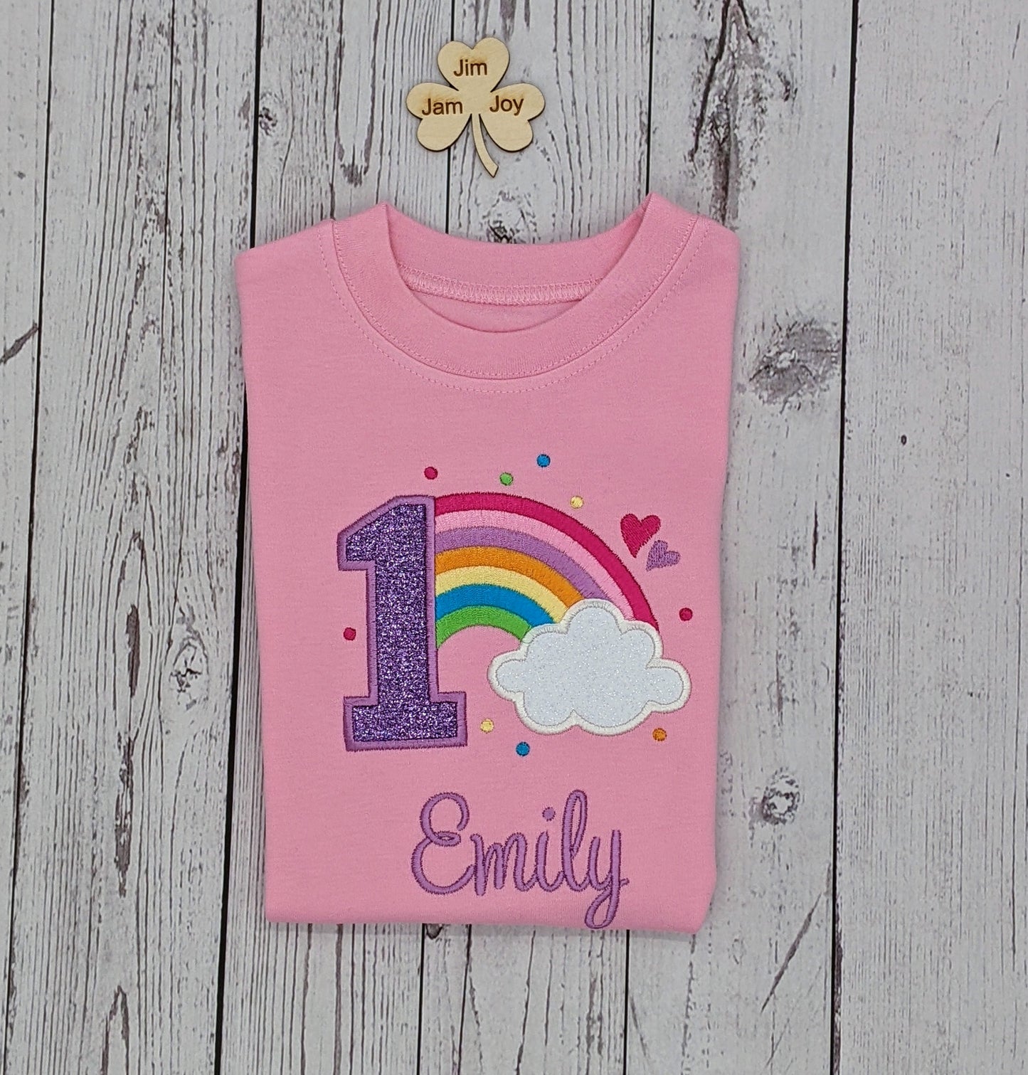 Children personalised birthday tshirt with rainbow and cloud