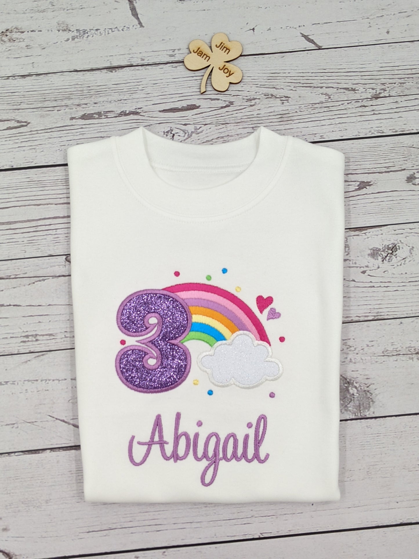 Children personalised birthday tshirt with rainbow and cloud