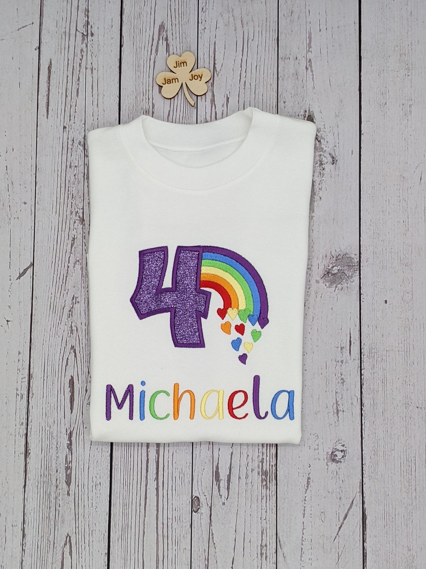 Children Personalised Birthday Tshirt with Rainbow and Hearts - Embroidery