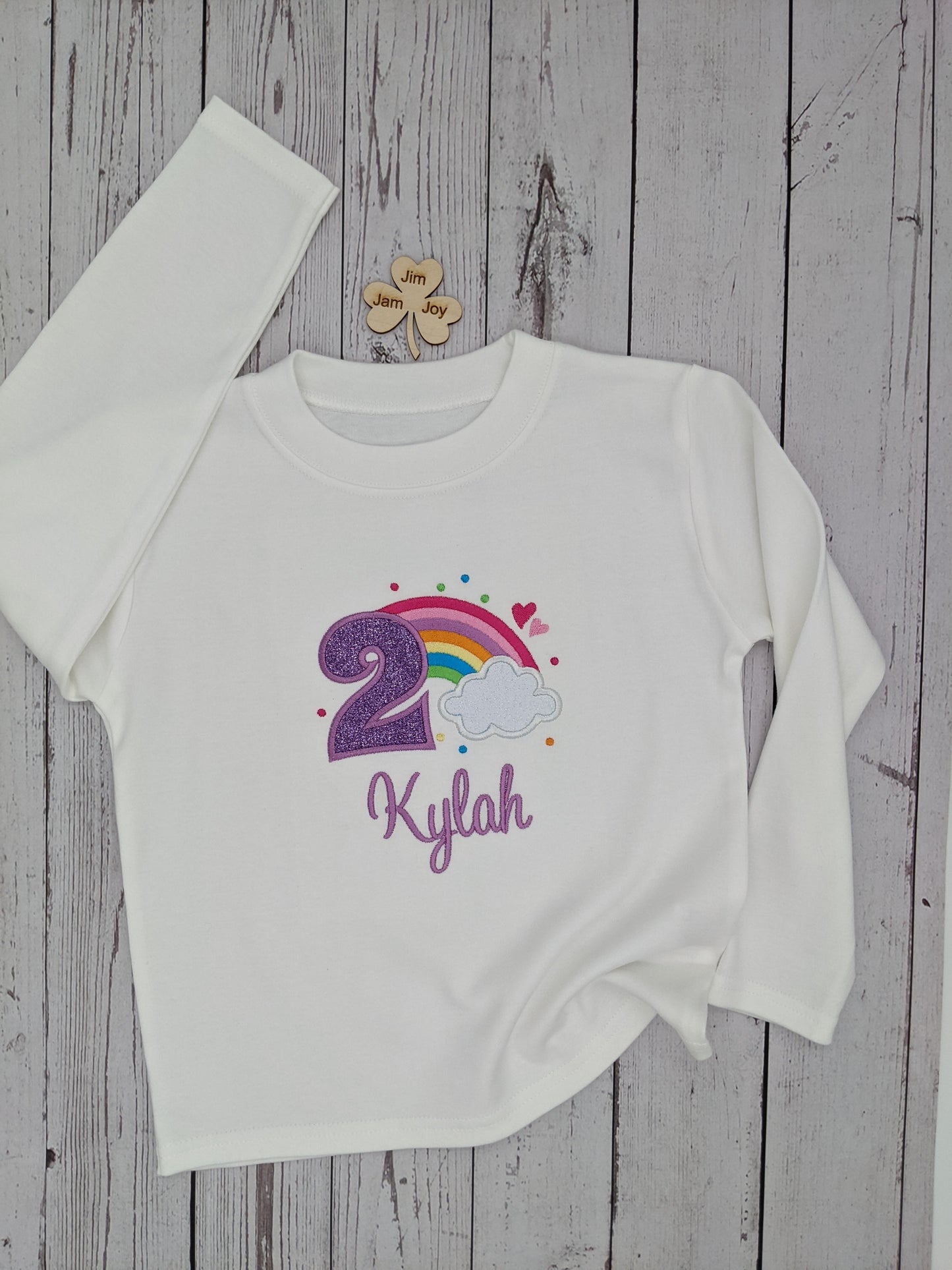 Children personalised birthday tshirt with rainbow and cloud
