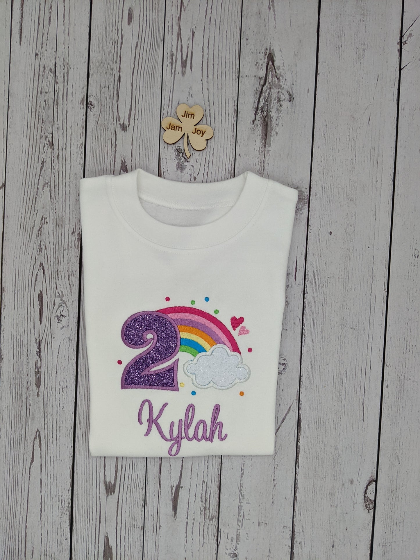 Children personalised birthday tshirt with rainbow and cloud