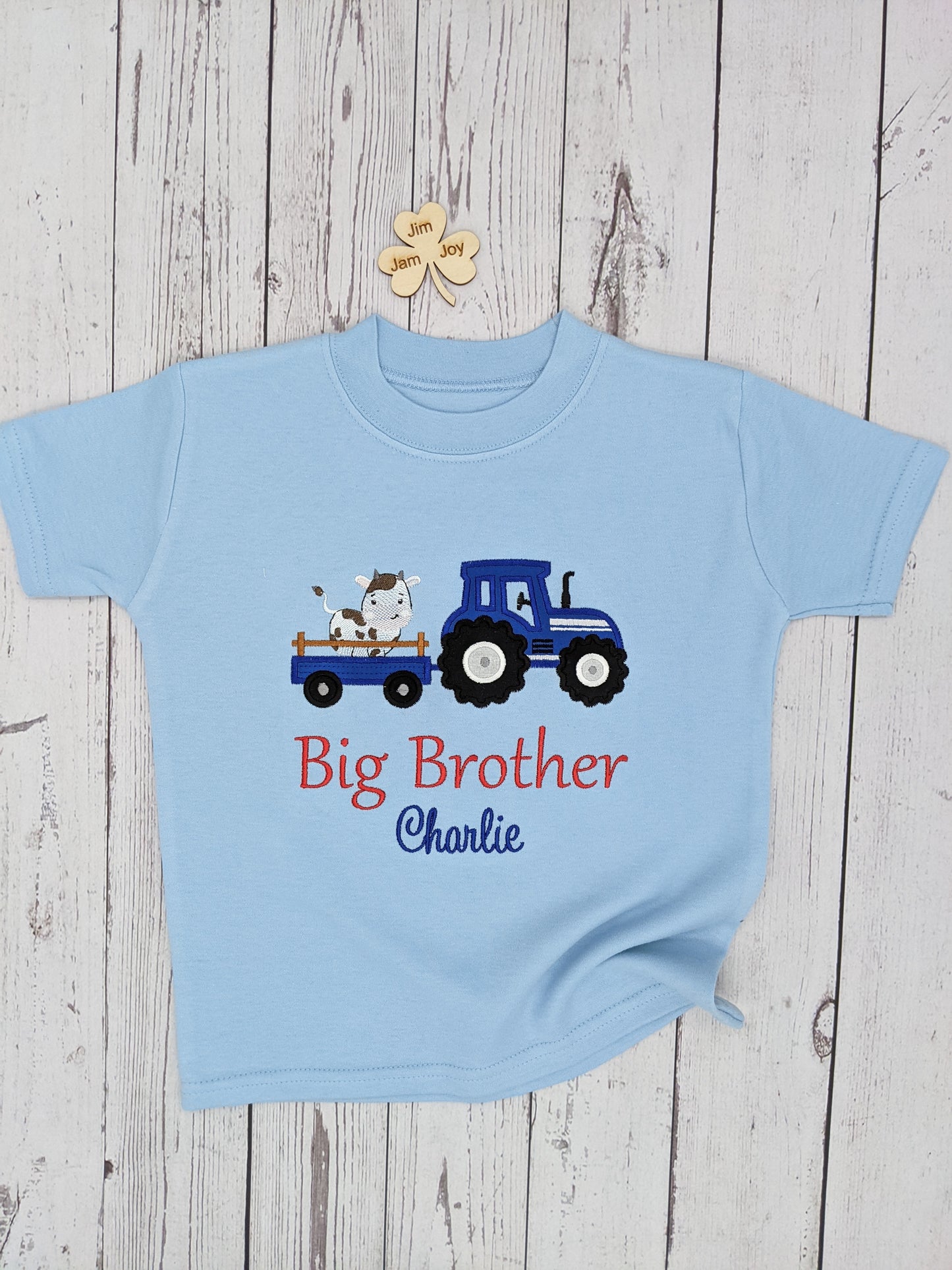 Big Brother Blue Tractor Tshirt With a Cow and Trailer - Siblings Shirt - Embroidery