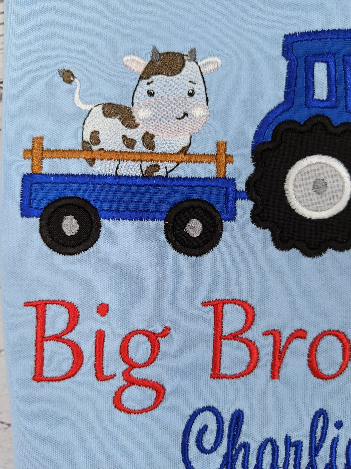 Big Brother Blue Tractor Tshirt With a Cow and Trailer - Siblings Shirt - Embroidery