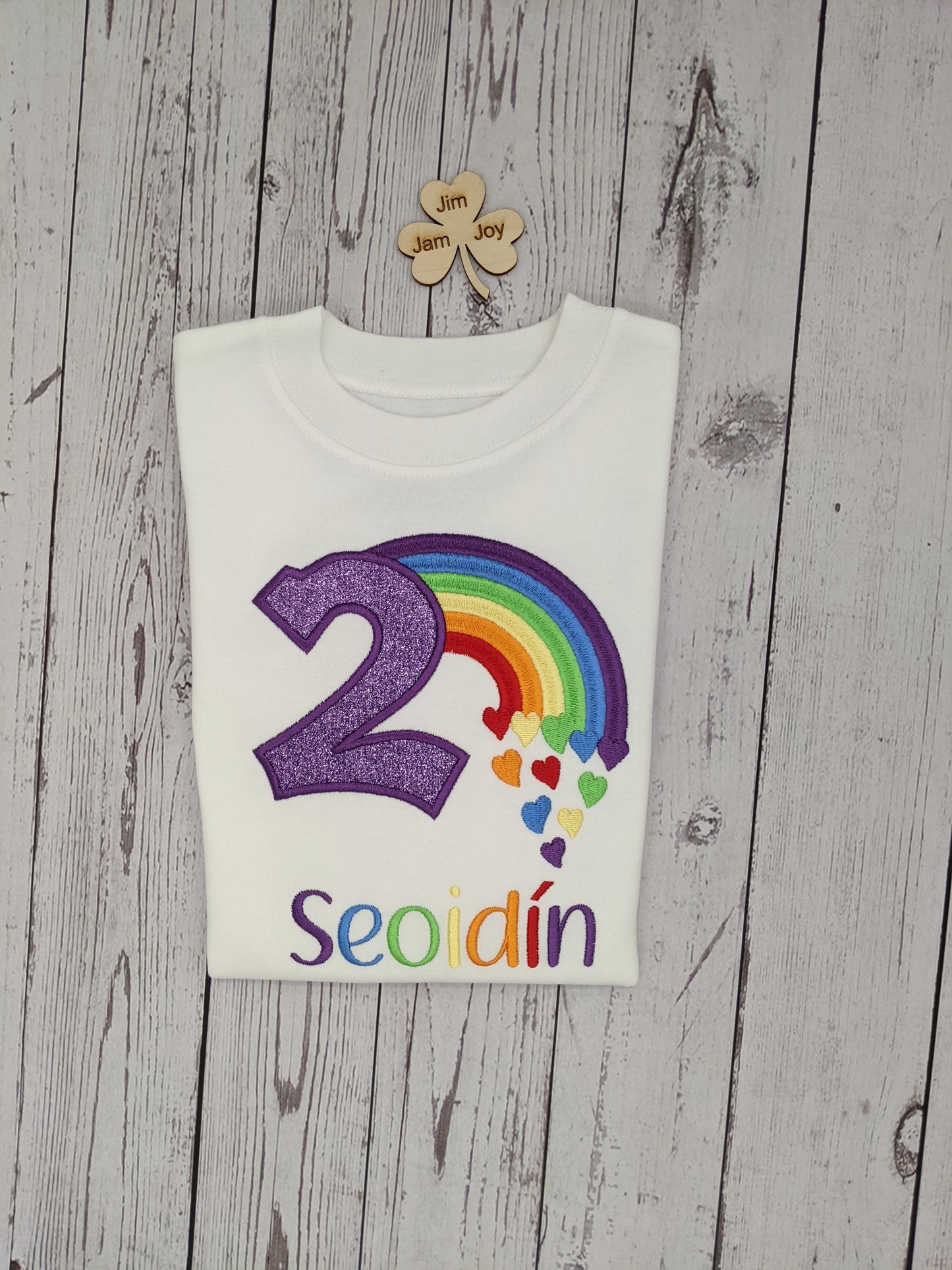Children Personalised Birthday Tshirt with Rainbow and Hearts - Embroidery