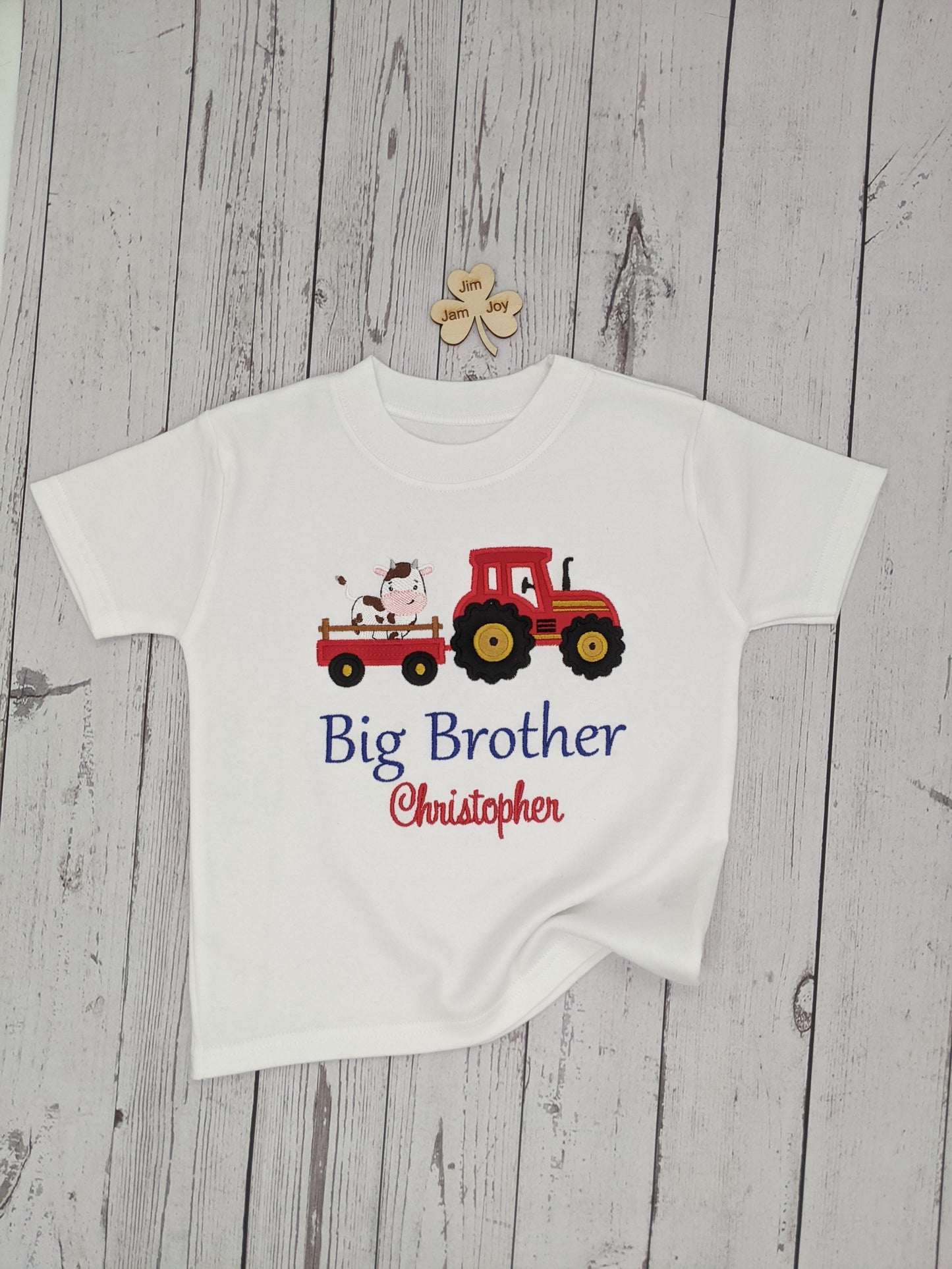 Big Brother Red Tractor Tshirt With a Cow and Trailer - Siblings Shirt - Embroidery