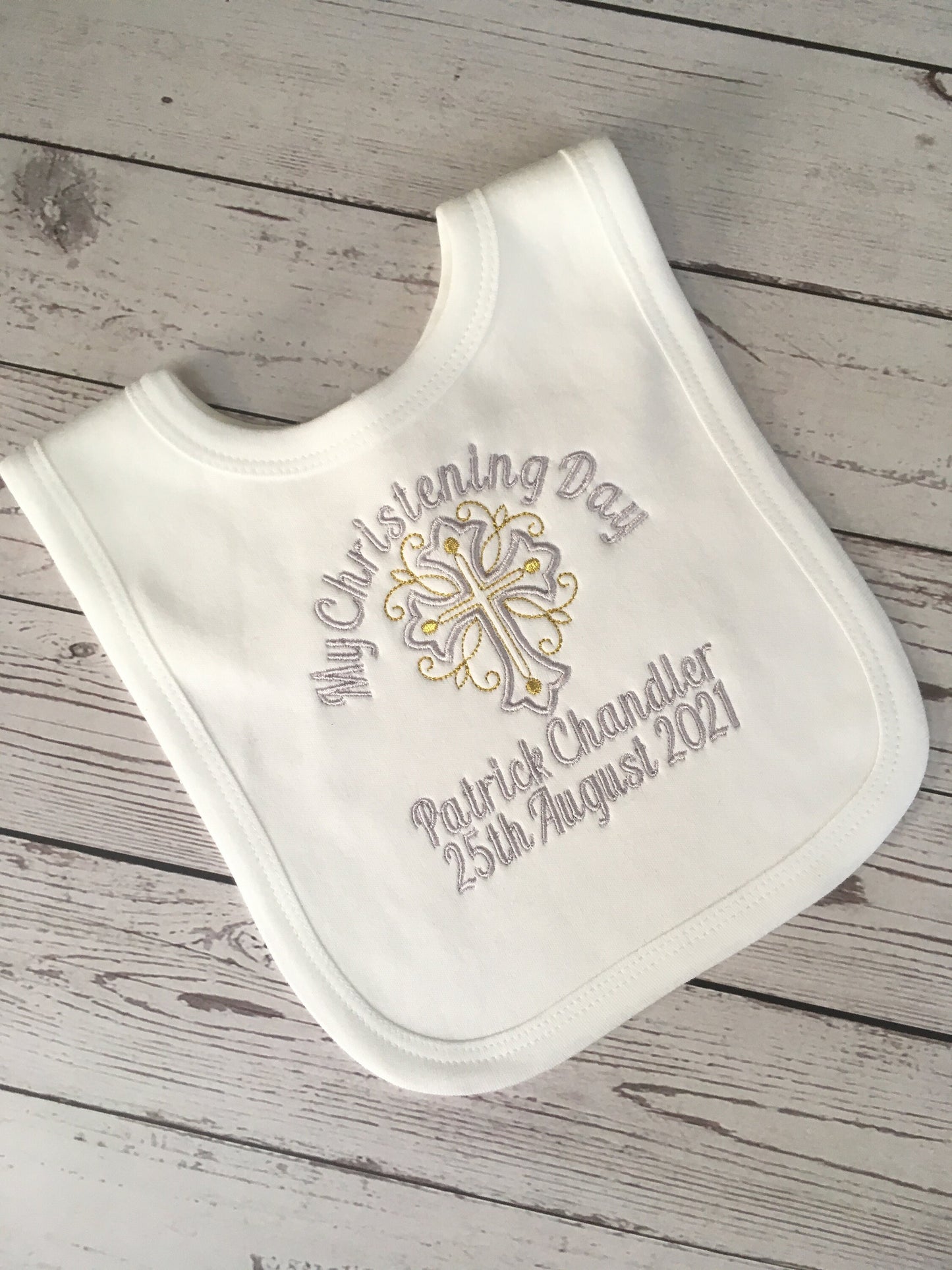 My Christening Day Baby Bib Personalised with Name and Date Embroidery