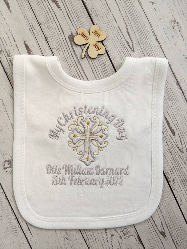 My Christening Day Baby Bib Personalised with Name and Date Embroidery
