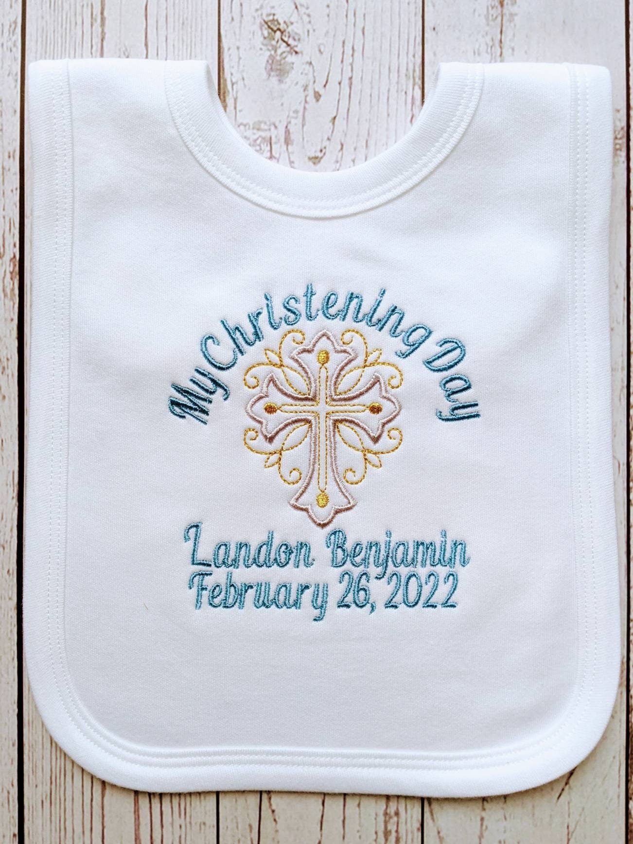 My Christening Day Baby Bib Personalised with Name and Date Embroidery