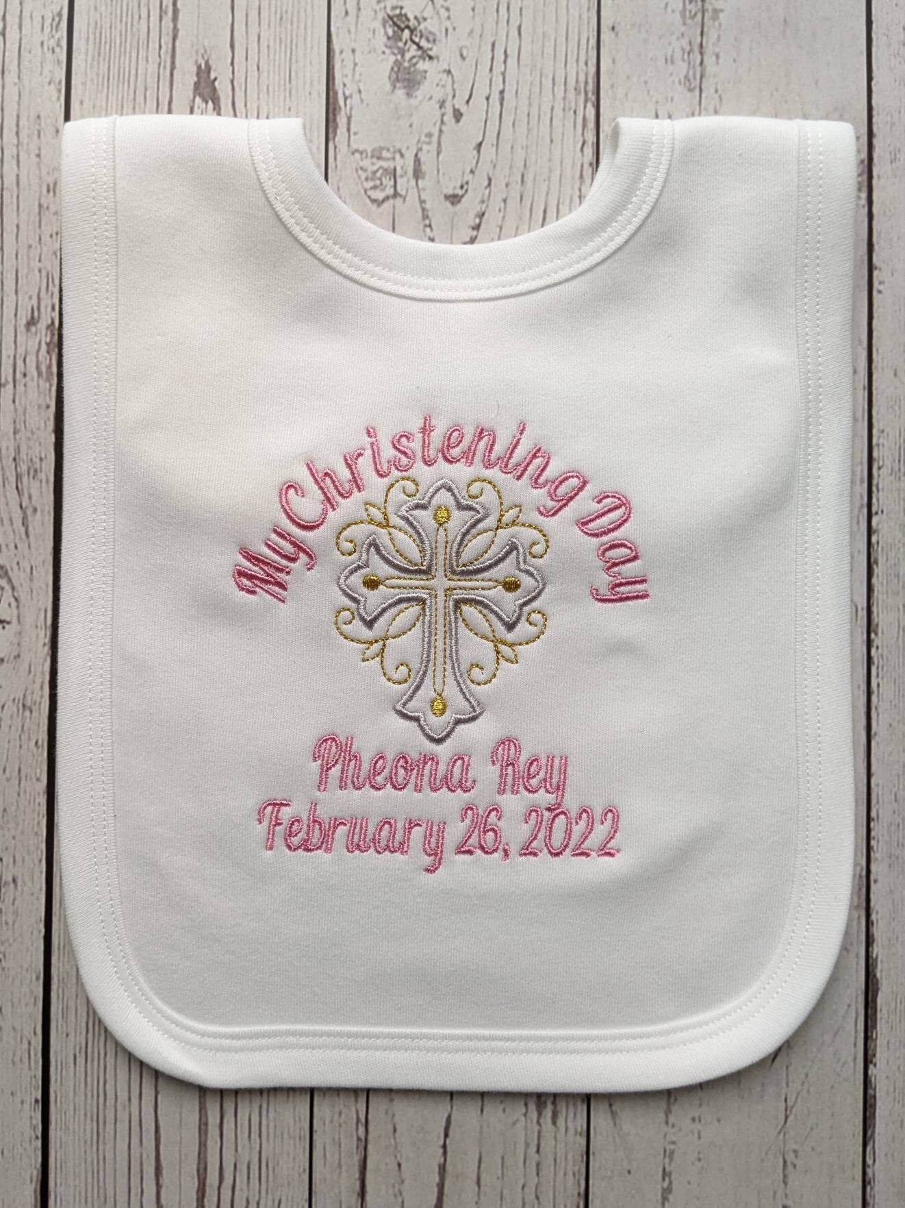 My Christening Day Baby Bib Personalised with Name and Date Embroidery