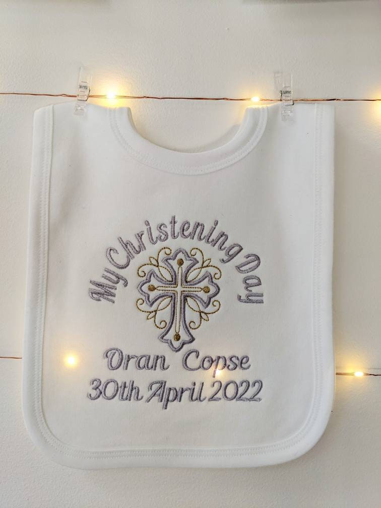 My Christening Day Baby Bib Personalised with Name and Date Embroidery