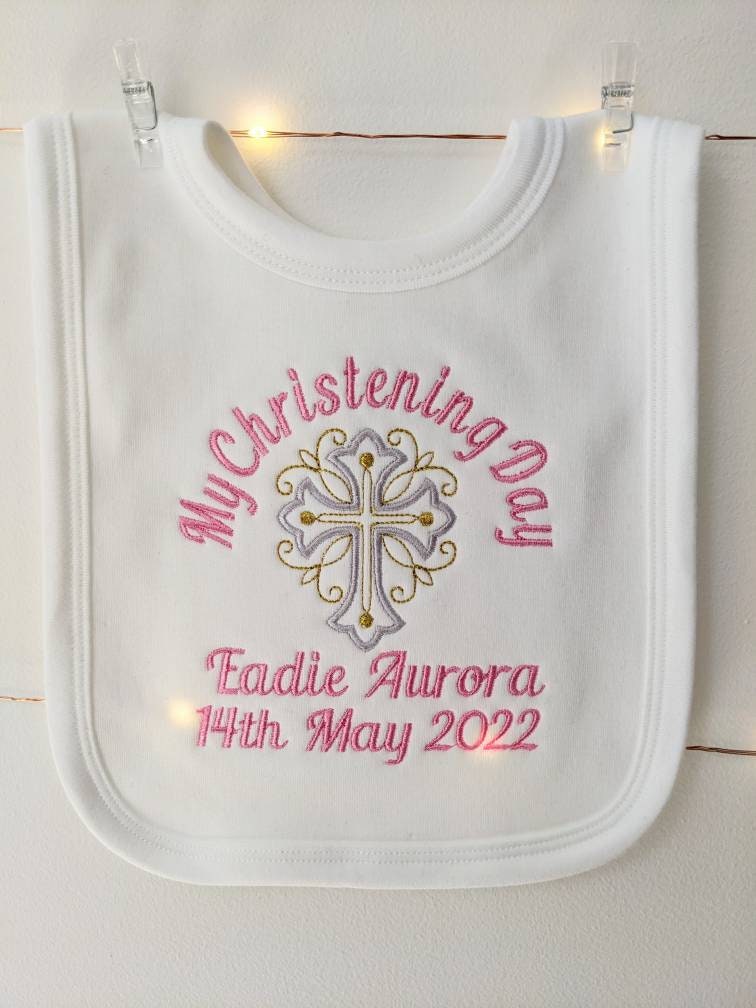 My Christening Day Baby Bib Personalised with Name and Date Embroidery