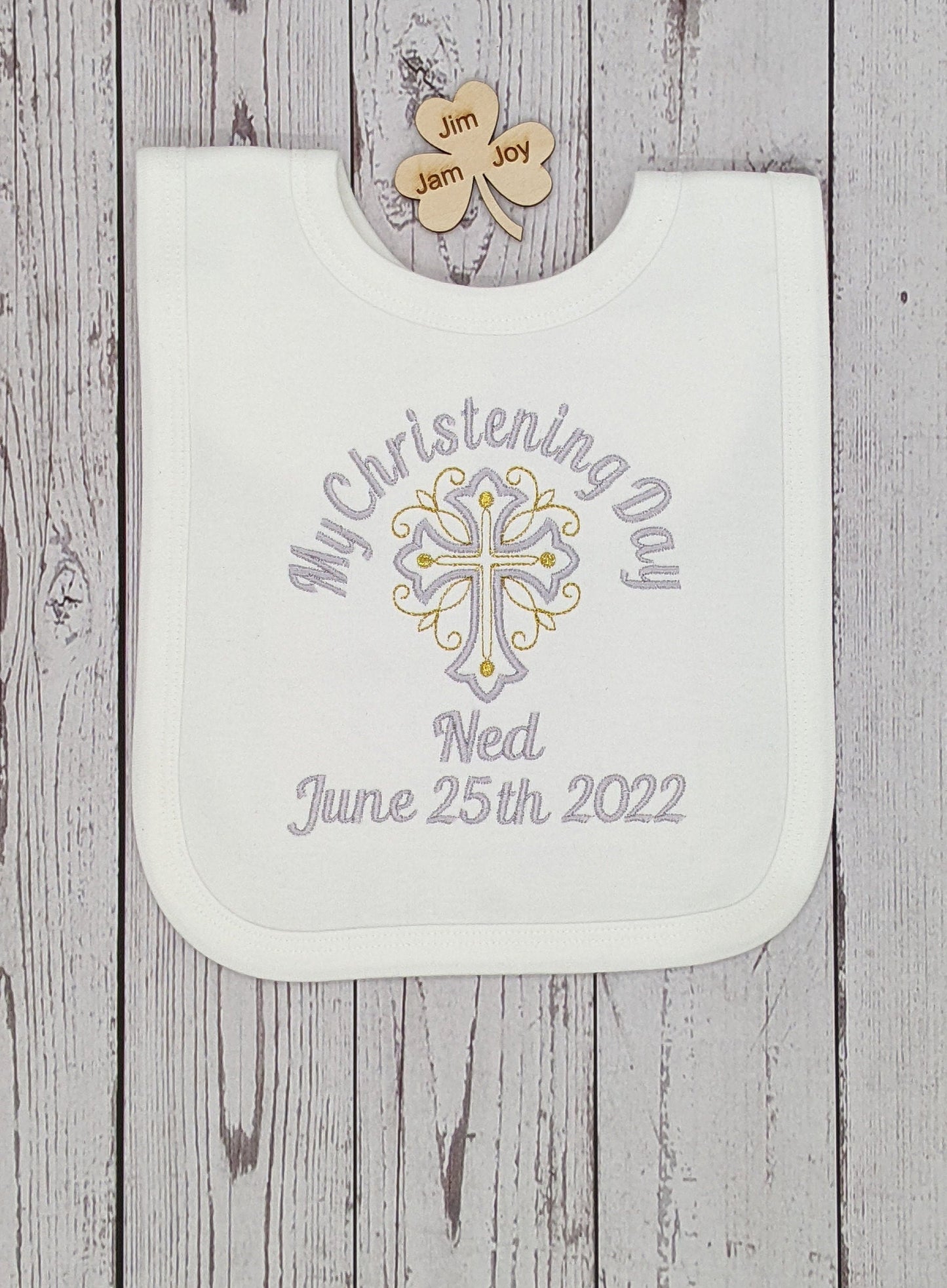 My Christening Day Baby Bib Personalised with Name and Date Embroidery
