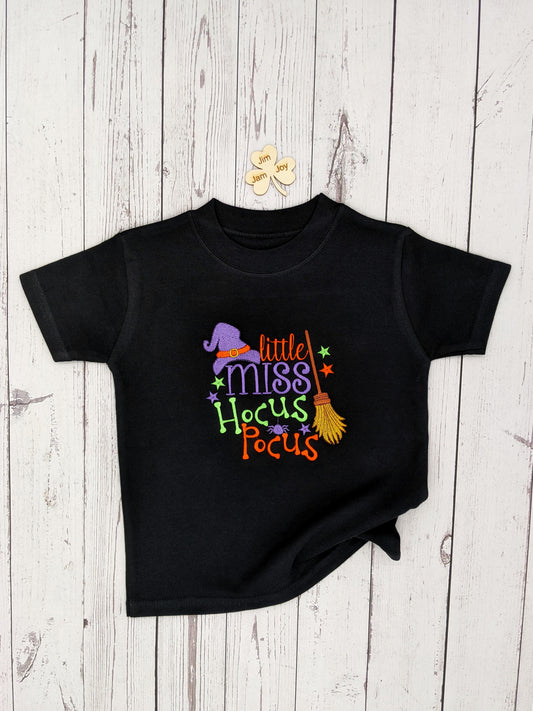 Halloween Tshirt | Children Miss Little Hocus Pocus Shirt with Witch Hat Broomstick for Trick or Treating |