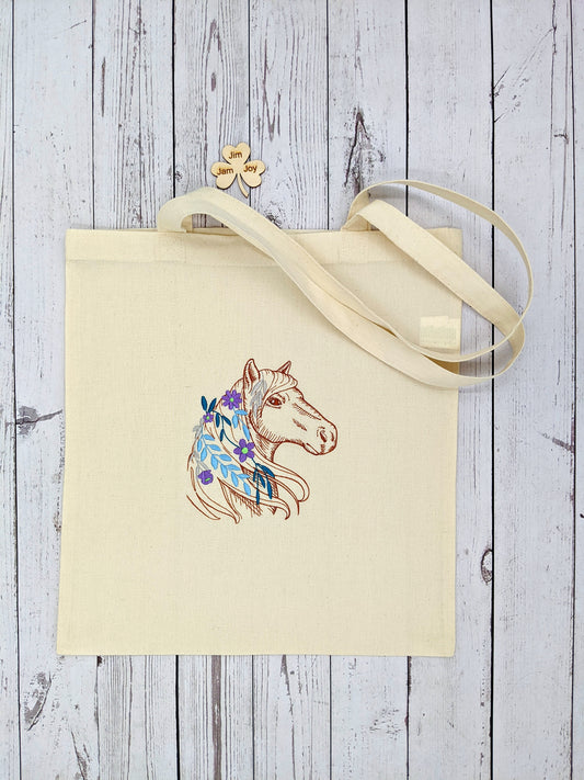 Horse and Flowers Tote Bag | Horse Tote Bag | Cute Gift Idea for Horse Lover | Gift for her | Cotton Embroidered Tote Bag