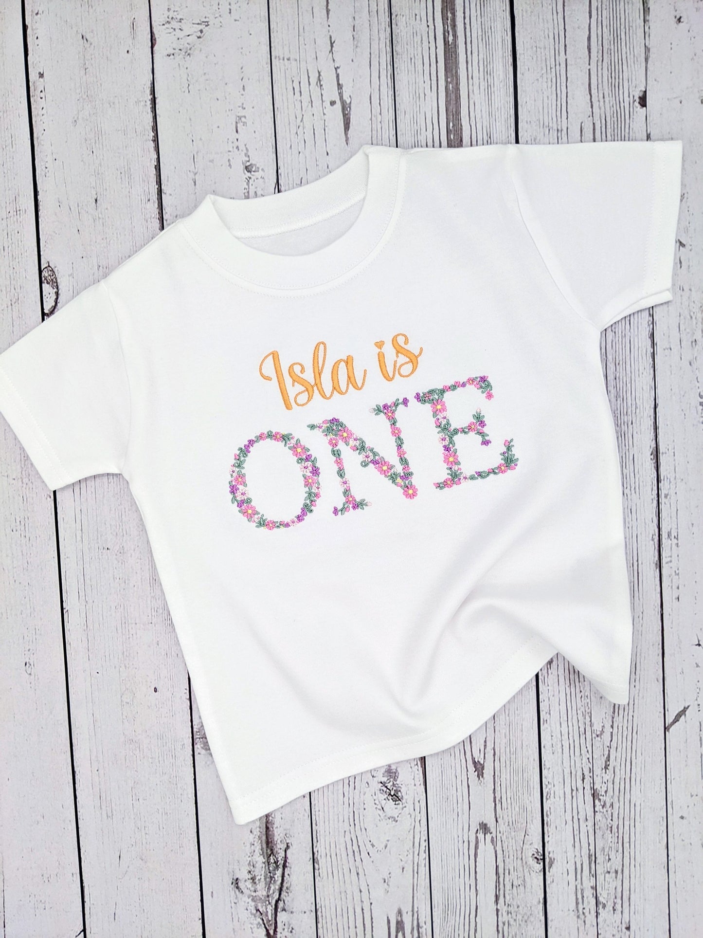 Children Personalised 1st Birthday Tshirt with Monogram Floral Font- Embroidery