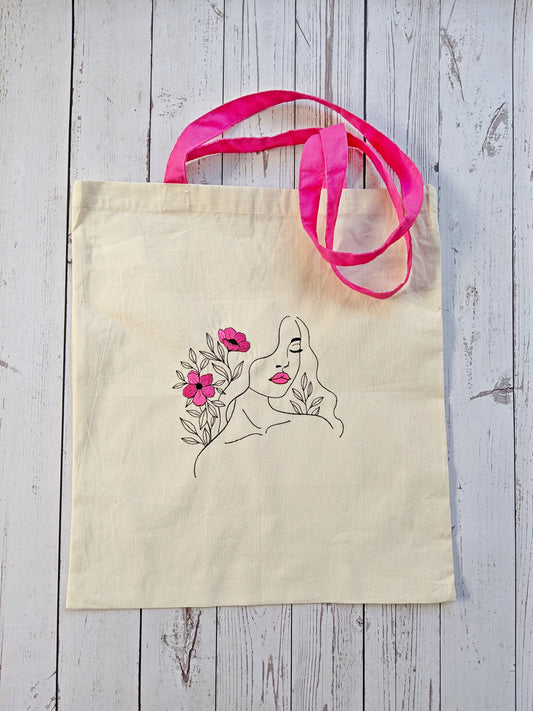 Cotton Tote Bag with Lady face and Hot Pink Flowers - Embroidery