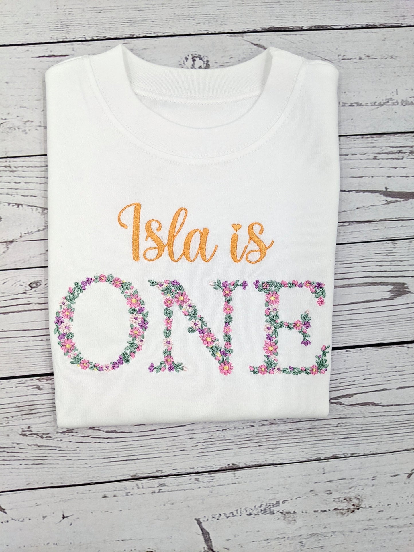 Children Personalised 1st Birthday Tshirt with Monogram Floral Font- Embroidery