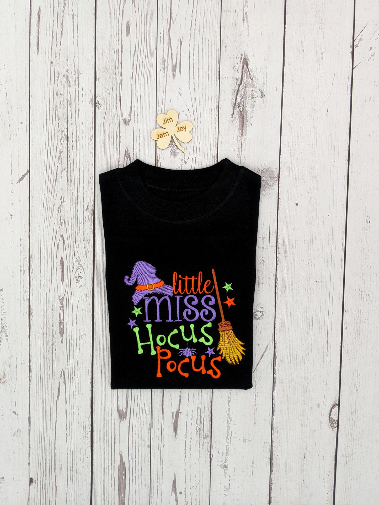 Halloween Tshirt | Children Miss Little Hocus Pocus Shirt with Witch Hat Broomstick for Trick or Treating |