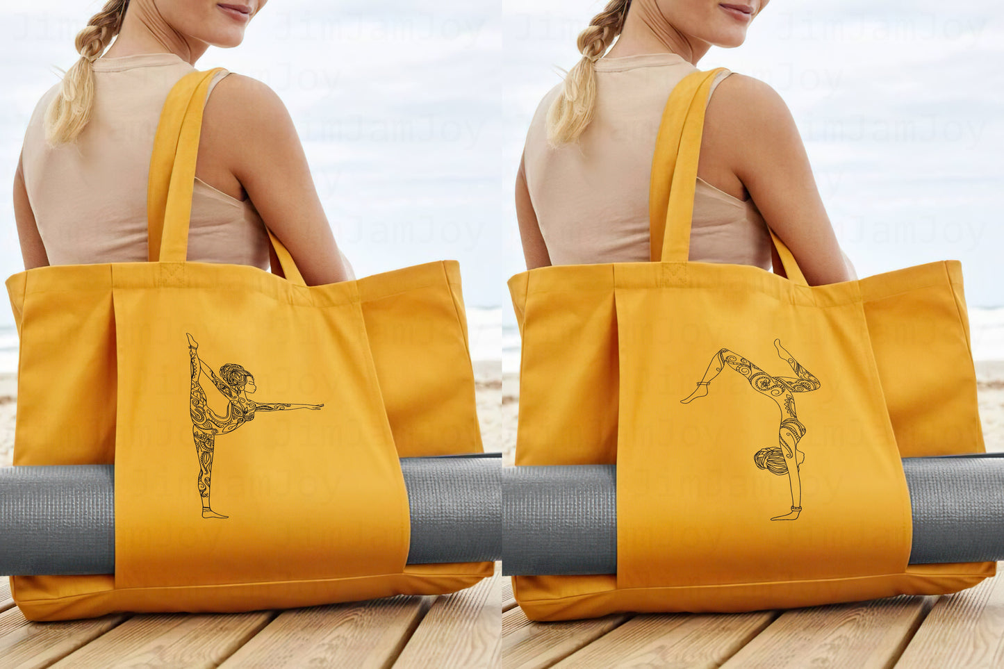 Personalised Organic Yoga Tote Bag with Yoga  Poses - Embroidery