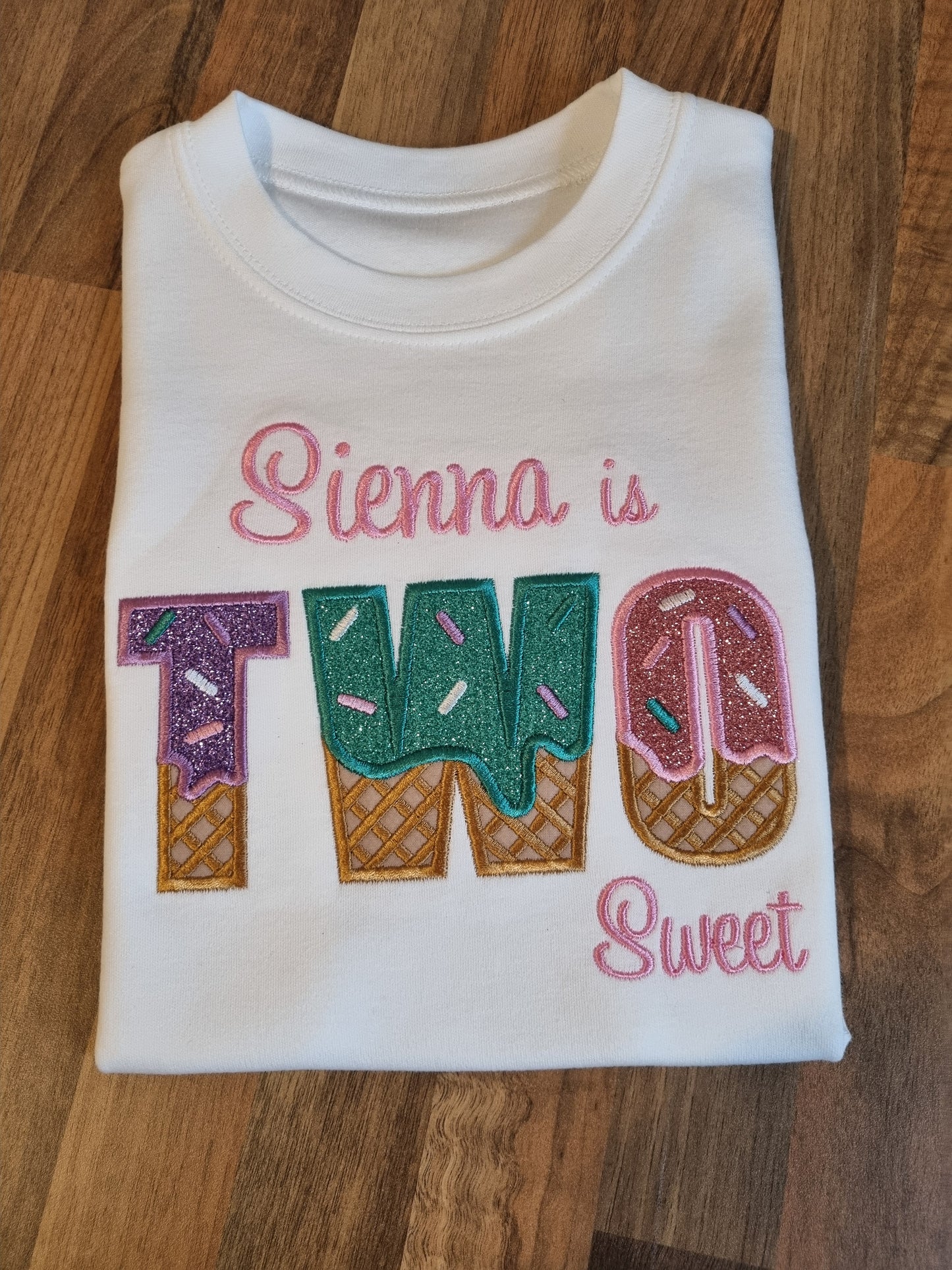 Personalised Children Ice Cream 2nd Birthday Shirt  - Embroidery