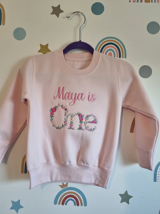 Children Personalised  Birthday Sweatshirt  with Monogram Floral Font- Embroidery - All AGE