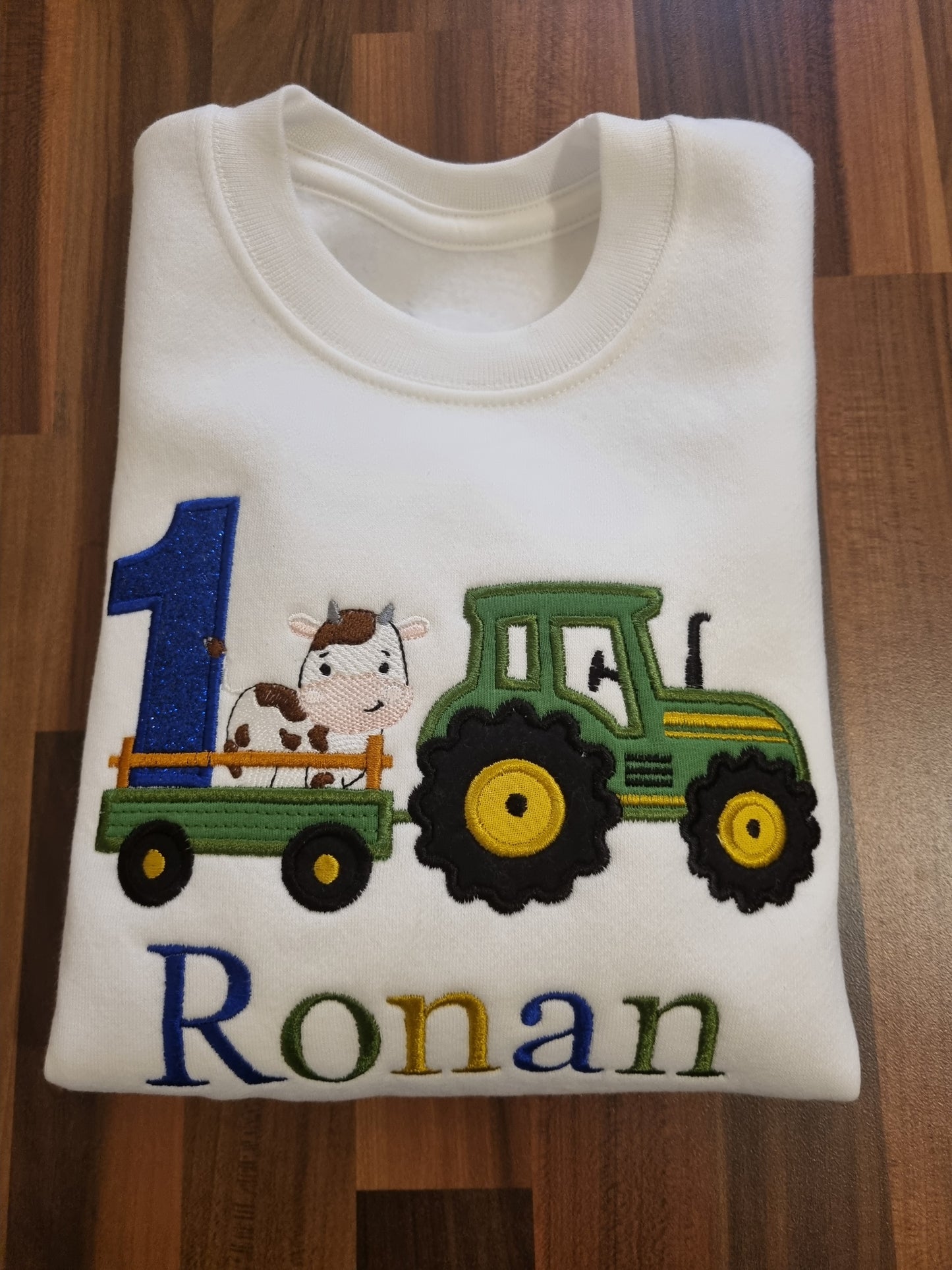 Children Personalised Birthday Sweatshirt  twith Tractor  and cow on a Trailer - Embroidery