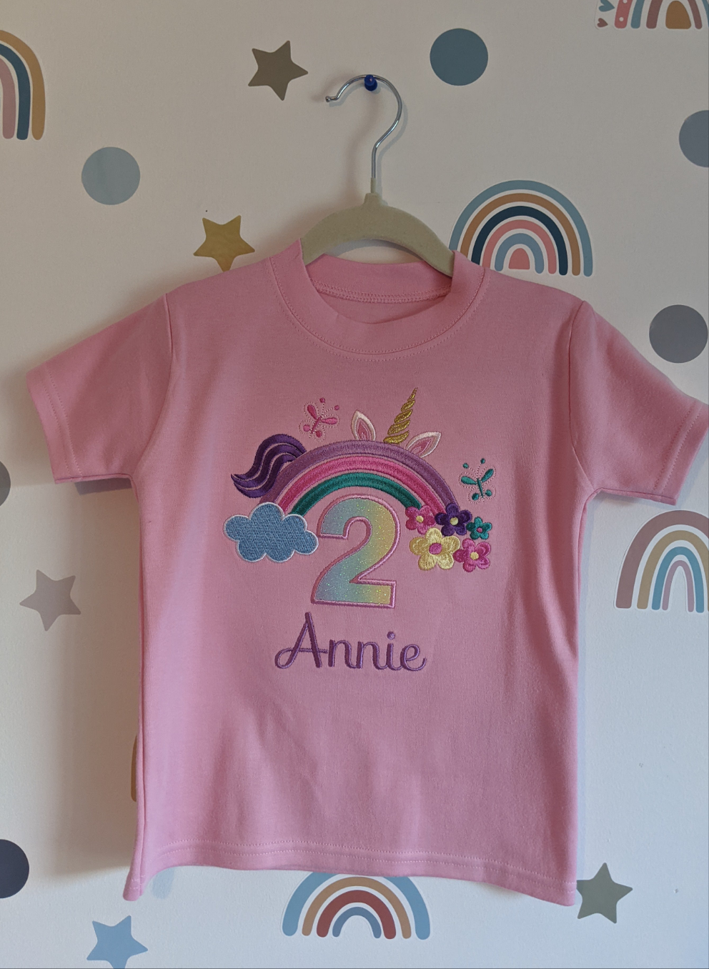 Children Personalised Birthday Tshirt Peek a Boo Unicorn - Embroidery