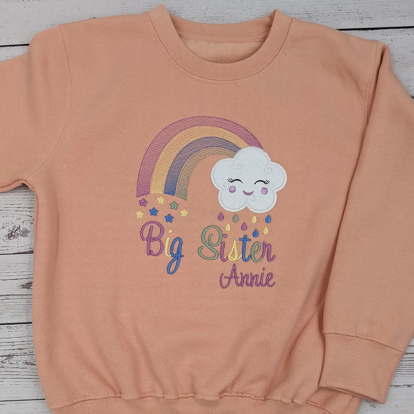 Big Sister Tshirt with a colorful Rainbow and  Smiley Cloud - Embroidery