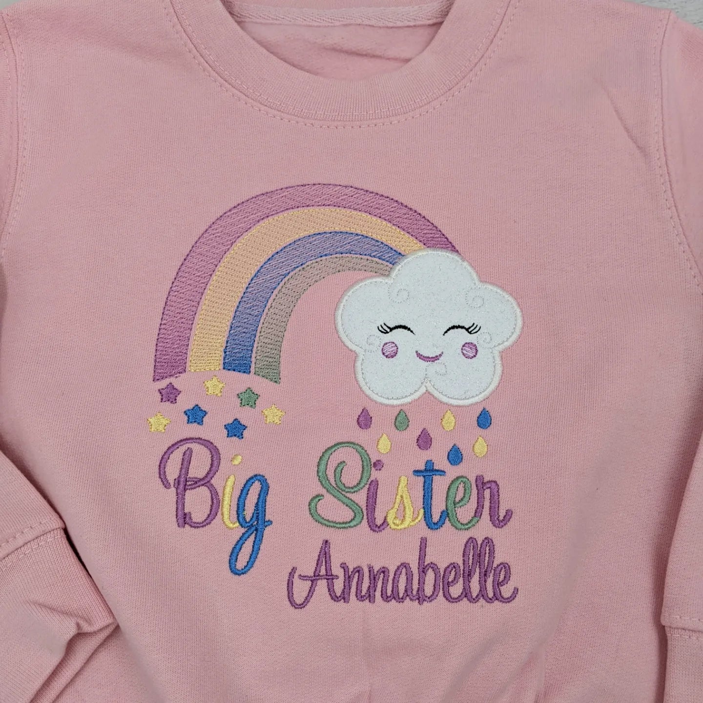 Big Sister Tshirt with a colorful Rainbow and  Smiley Cloud - Embroidery