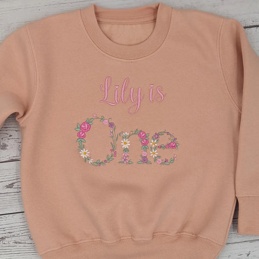 Children Personalised  Birthday Sweatshirt  with Monogram Floral Font- Embroidery - All AGE