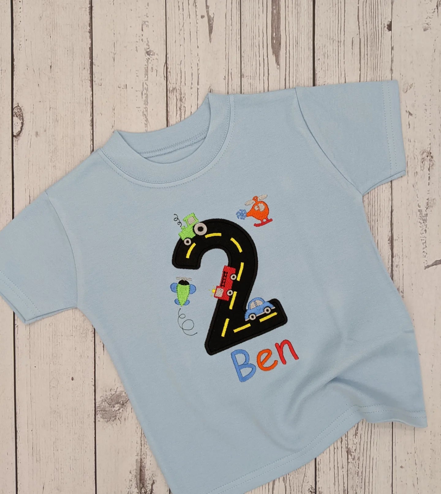 Children's Personalised Helicopter Car Tractor and Road Birthday Number Tshirt | Embroidered | Birthday Tshirt | Boys Birthday Gift