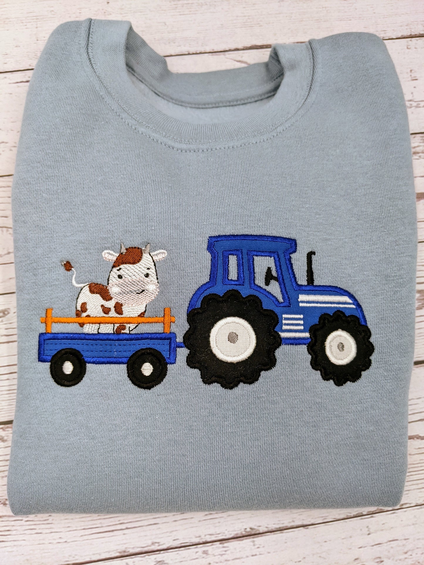 Children  Sweatshirt with Blue Tractor and Cute  cow- Embroidery