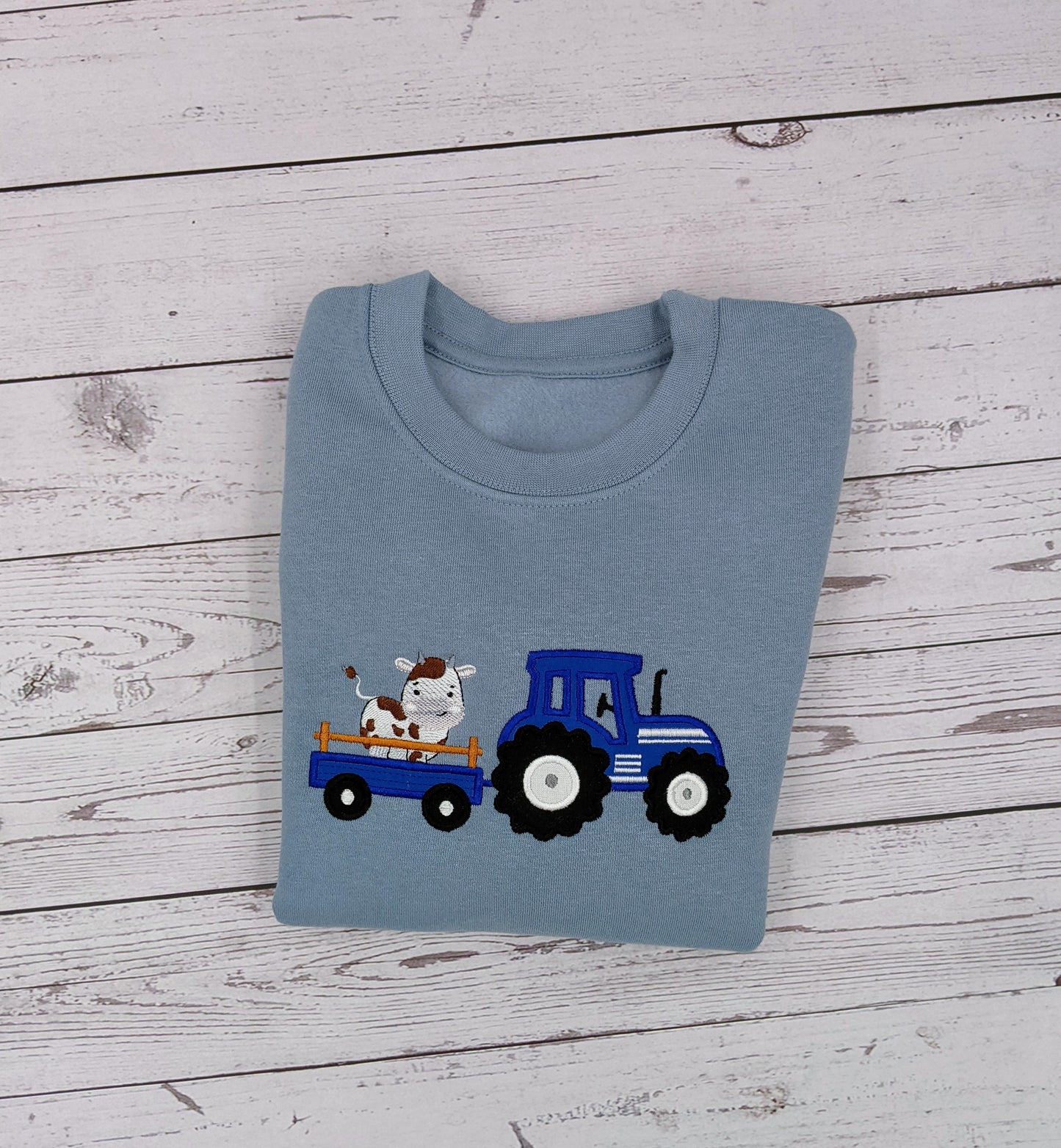 Children  Sweatshirt with Blue Tractor and Cute  cow- Embroidery