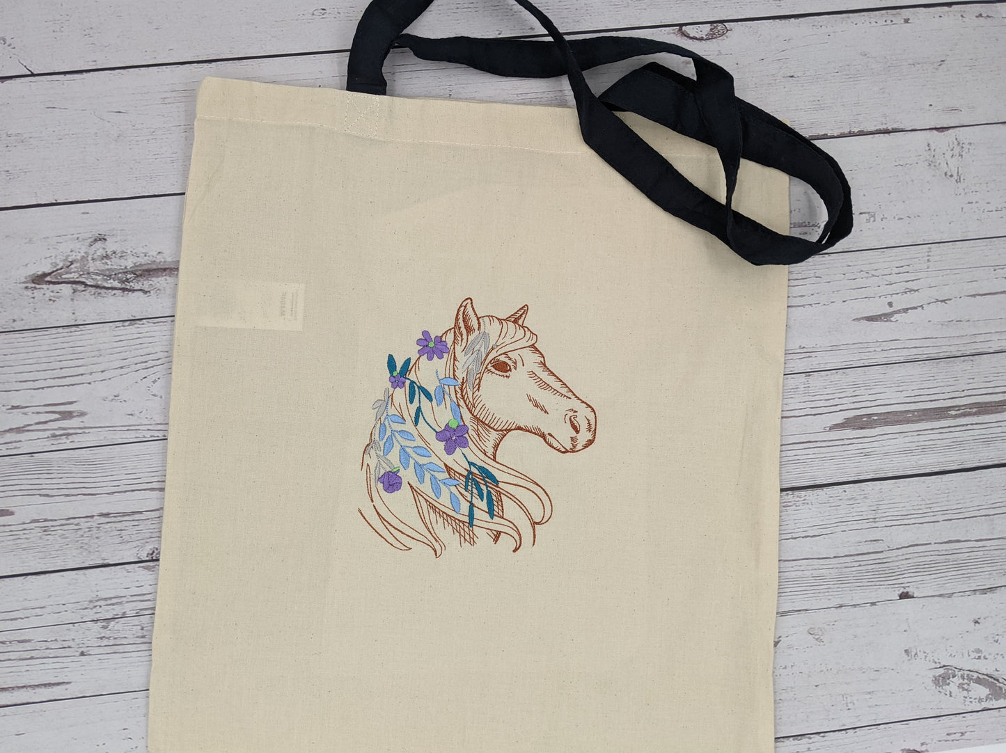 Horse and Flowers Tote Bag | Horse Tote Bag Navy handle | Cute Gift Idea for Horse Lover | Gift for her | Cotton Embroidered Tote Bag