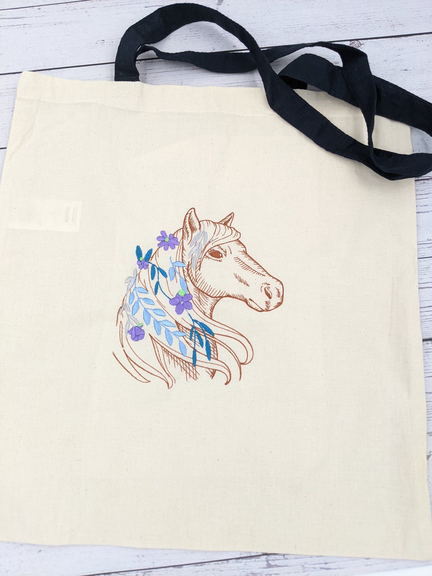 Horse and Flowers Tote Bag | Horse Tote Bag Navy handle | Cute Gift Idea for Horse Lover | Gift for her | Cotton Embroidered Tote Bag