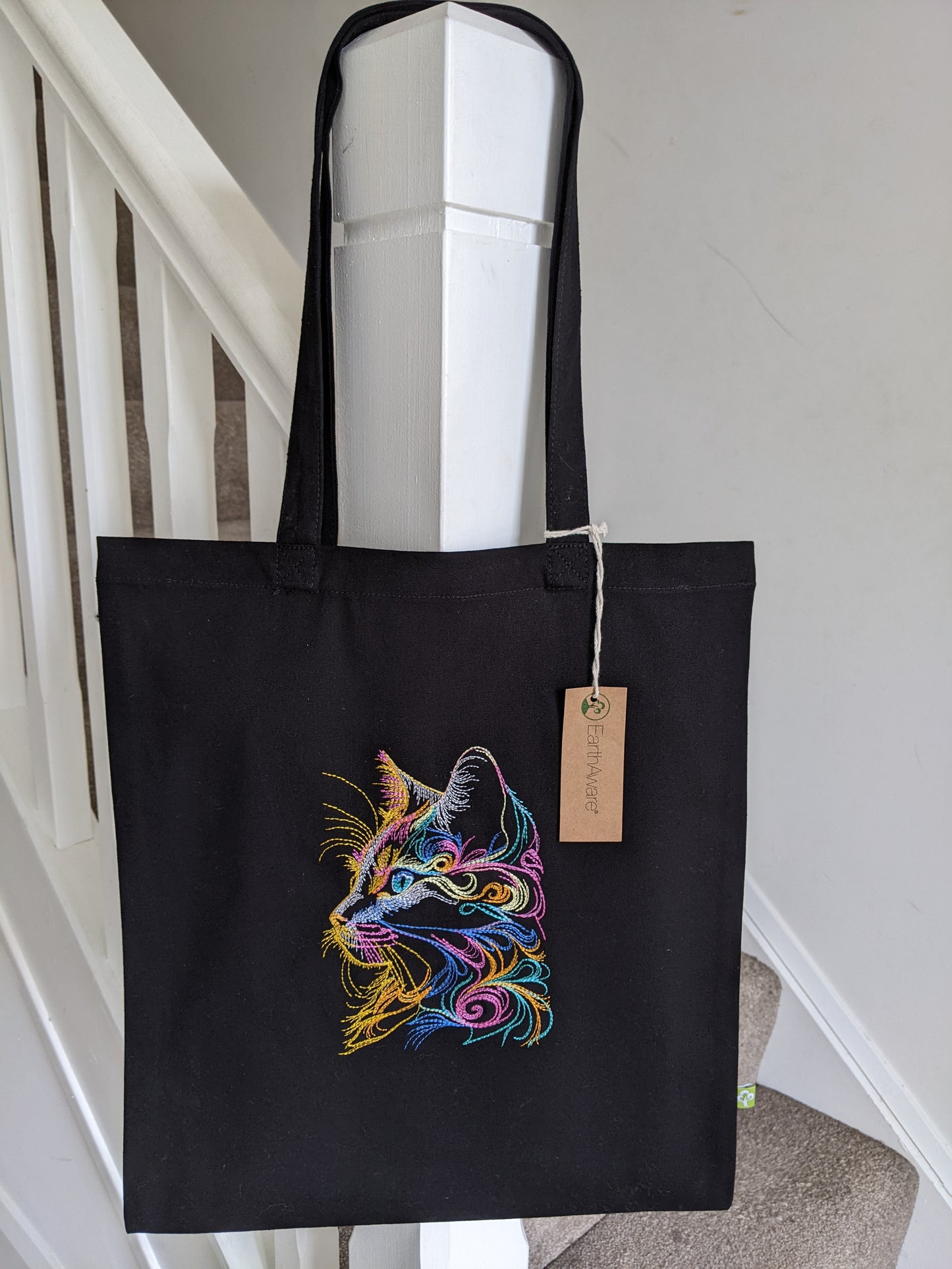 Black Tote Bag with cat in  multicolor Threads | Cute Gift Idea for Cat Lover | Gift for her | Cotton Embroidered Tote Bag