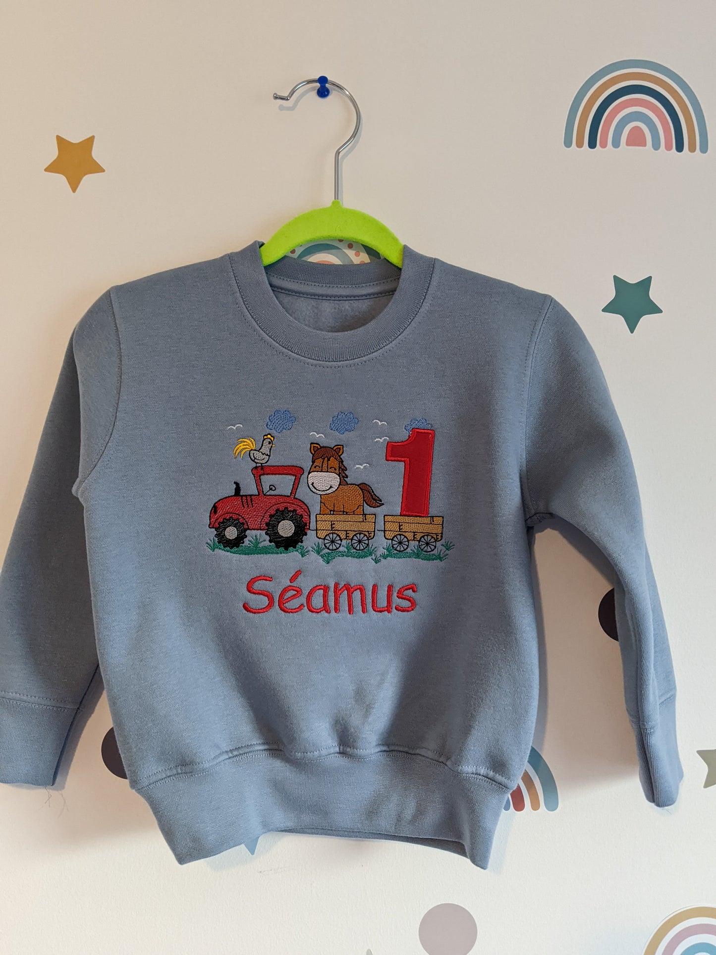 Children Personalised Birthday Sweatshirt  with Tractor  and horse on a Trailer - Embroidery